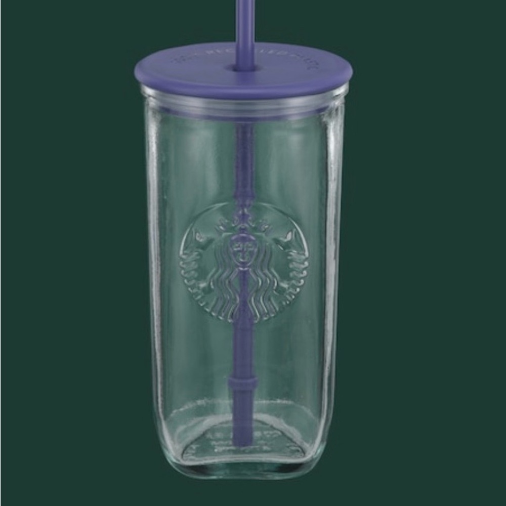Starbucks Clear Glass Tumbler with Purple Lid and Straw - Embossed Logo